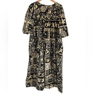 Vintage Woman Within Black and Cream Graphic Long Sleeve Dress Cotton Large